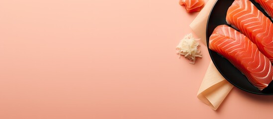 Japanese salmon sushi roll isolated pastel background Copy space