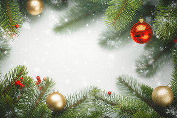 Christmas New Years banner red golden ornament balls fir tree branches decorations on white pastel background. Template with copy space