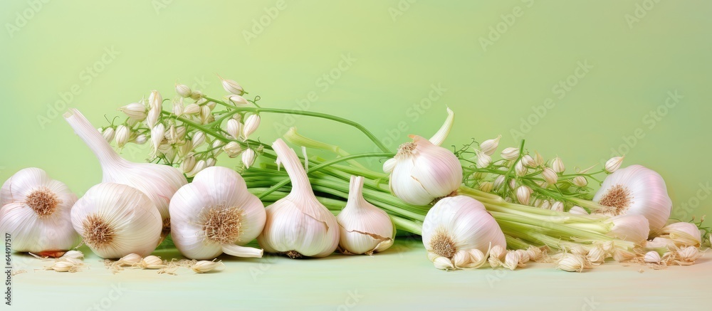Poster garlic onion and lime flowers on isolated pastel background copy space en background