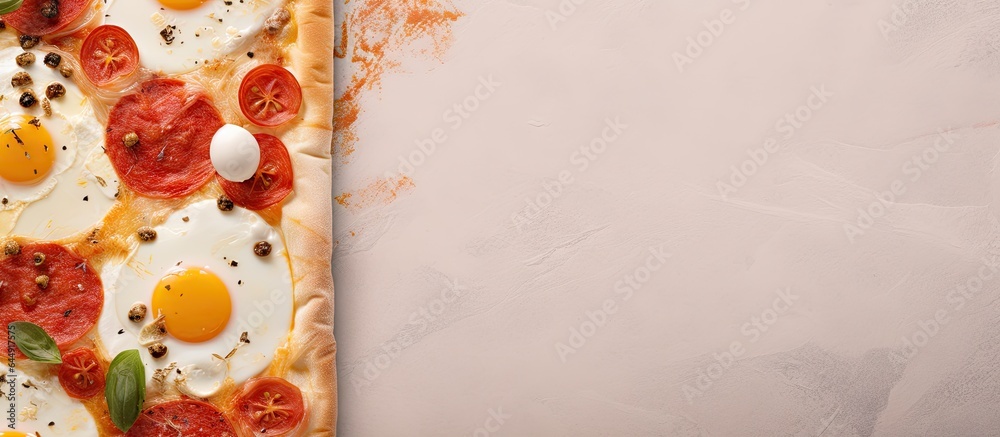 Poster a delicious and nutritious square bread with chicken eggs ham mayo and oregano tomato sauce on a bla