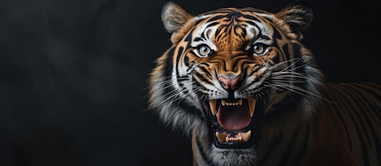 A tigers mouth wide open as it locks eyes with the camera in closeup isolated pastel background Copy space