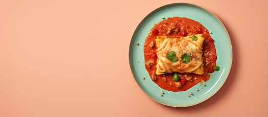 Tasty enchilada isolated pastel background Copy space plate