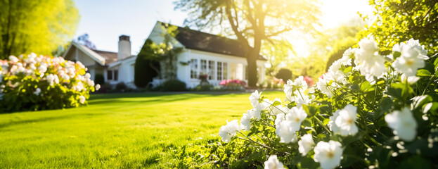 Obraz premium Beautiful various colorful flower and lawn grass and cozy home,house.nature and environment background.panoramic banner