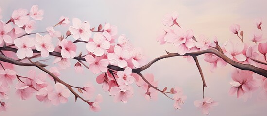 Obraz premium Close up of cherry blossoms blooming in spring isolated pastel background Copy space