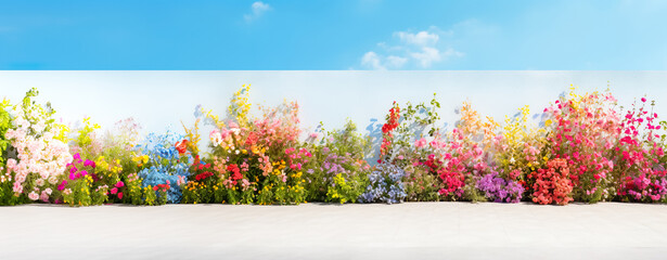 Beautiful various colorful garden with white wall.nature and environment background.for decoration design