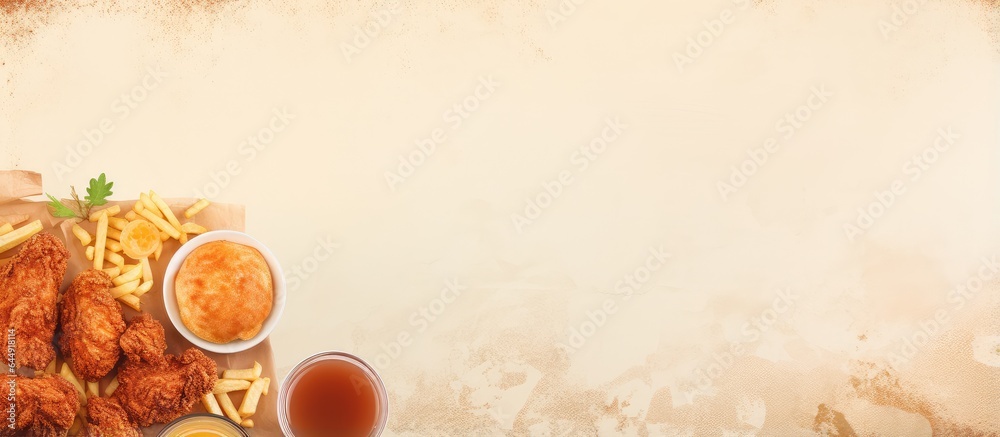 Poster southern style fried chicken with a side of potatoes and a selection of beverages isolated pastel ba