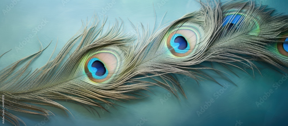 Poster peacocks tail feathers in closeup with blue fabric backdrop isolated pastel background copy space