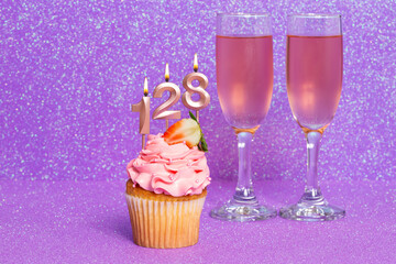 Cupcake With Number And Glasses With Wine For Birthday Or Anniversary Celebration