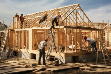 Fototapeta premium Construction workers on a roof of a new residential building. Construction concept, ai generative