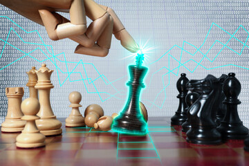 Wooden hand touching chess piece on board. Lines and binary code symbolizing artificial intelligence