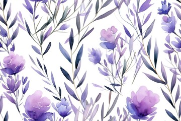 Lavender flowers seamless pattern. Watercolor natural illustration of Provence herbs on the white background. AI