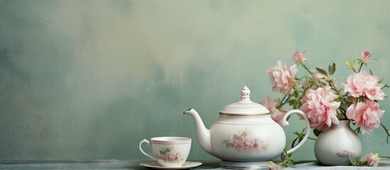 Vintage ceramic teapot with a cup of tea in a vintage style still life isolated pastel background Copy space