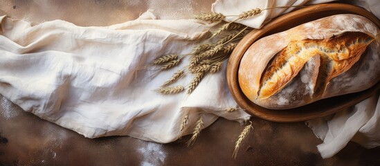Wooden table with freshly baked bread isolated pastel background Copy space