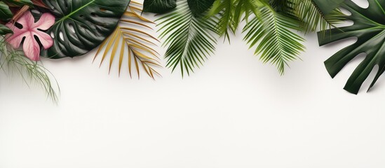 Fototapeta premium Tropical foliage with white frame on a isolated pastel background Copy space