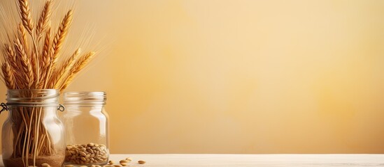 Wheat stored in a jar made of brown glass isolated pastel background Copy space