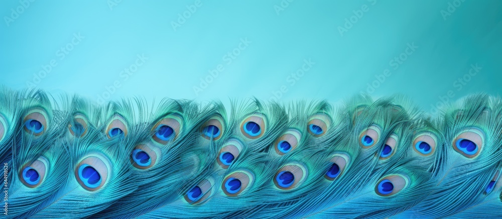 Poster peacocks tail feathers in closeup with blue fabric backdrop isolated pastel background copy space
