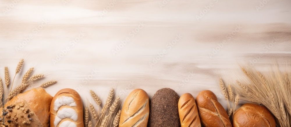 Aufkleber assorted bread types placed on a tablecloth top view relevant to bakery and pastry isolated pastel b