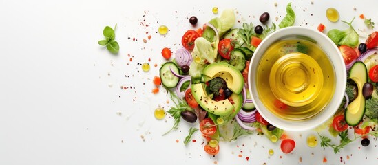 Organic vegetarian salad with olive oil dressing on a isolated pastel background Copy space Pouring...