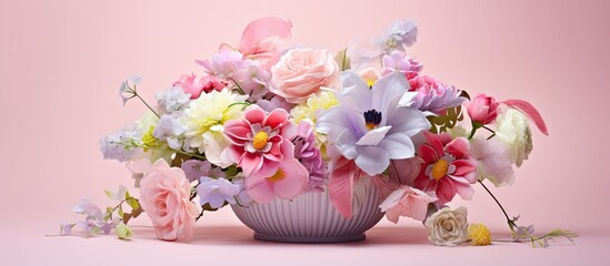 Flower filled basket with a blank card isolated and adorned isolated pastel background Copy space