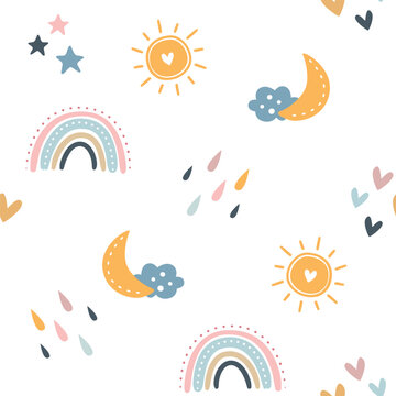 Seamless pattern of hand drawn rainbow, cloud and sun. Vector illustration for wallpaper, fabrics, textiles, prints, wrappers, curtain. 