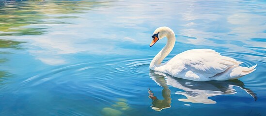 Obraz premium solitary swan in spring pond isolated pastel background Copy space
