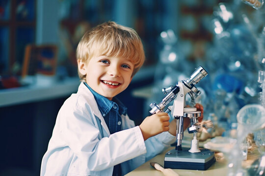 Portrait of a young little boy scientist with a microscope. Learning the sciences at an early age