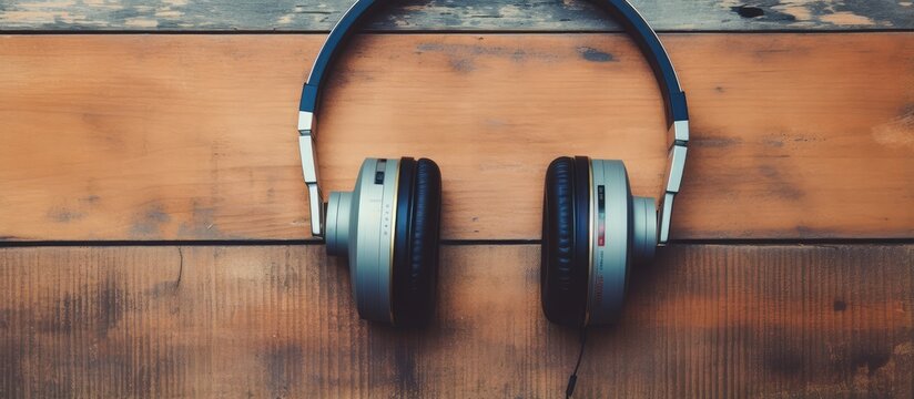 Detailed shot of vintage cassette tape and headphones resting on isolated pastel background Copy space en table
