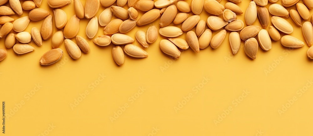 Poster pine nuts against isolated pastel background copy space