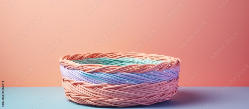 Poster Colorful threads in a dark basket isolated pastel background Copy space