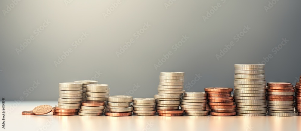 Poster stacked coins on isolated pastel background copy space