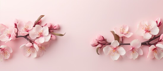 Fototapeta na wymiar Peach blossoms in pink against a isolated pastel background Copy space up close