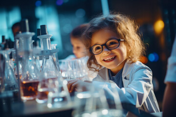 Portrait of a cute girl in a chemical laboratory. Experiences and learning at an early age
