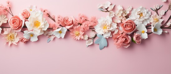 Fototapeta na wymiar Handmade flowers as decorative background isolated pastel background Copy space