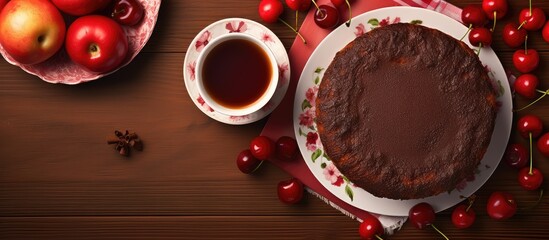 Closeup top view of a isolated pastel background Copy space with a round chocolate cake cherries red apples and a cup of tea - Powered by Adobe