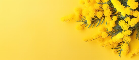 Springtime macro of a mimosa flower with a yellow hue isolated pastel background Copy space - obrazy, fototapety, plakaty