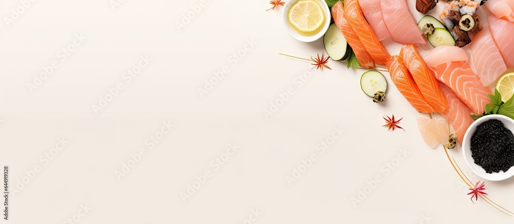 Poster an isolated picture of a sashimi sushi set with salmon tuna wasabi and shredded radish on a isolated