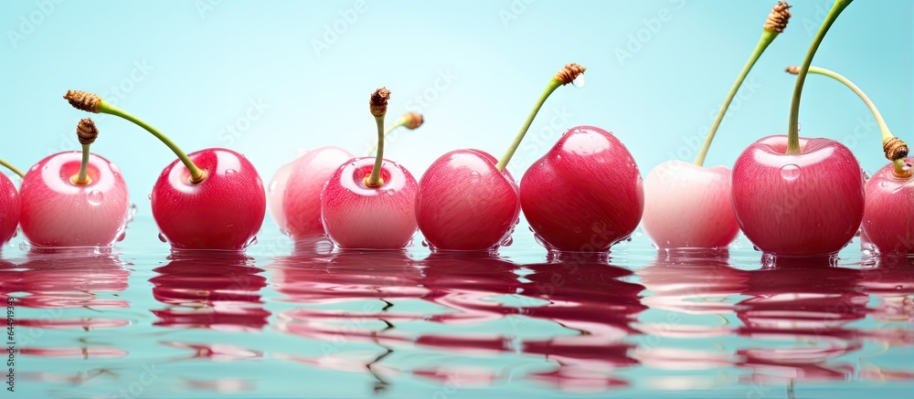 Poster fresh cherries both whole and sliced suspended in the air reflected on a isolated pastel background 