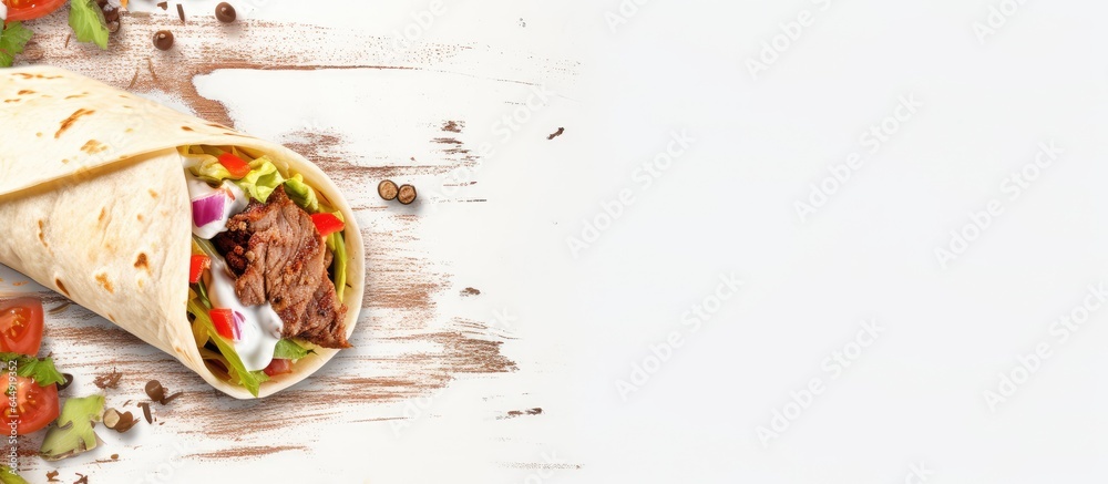 Poster fresh roll of grilled meat and salad wrapped in tortilla with white sauce isolated pastel background