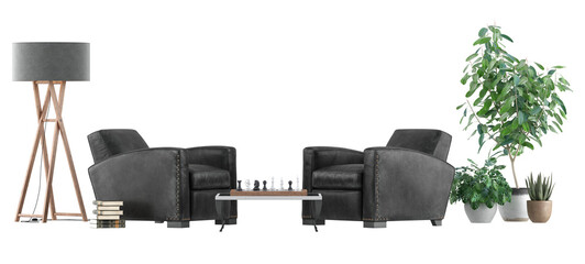 Black furniture set with leather retro armchairs and side table with chess board isolated on white background- 3d rendering