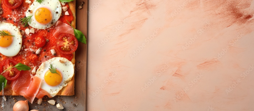 Poster a delicious and nutritious square bread with chicken eggs ham mayo and oregano tomato sauce on a bla