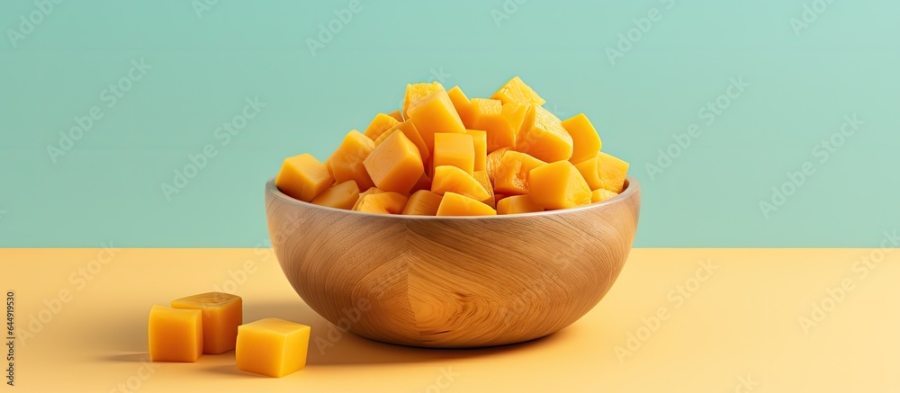 Aufkleber Dice a butternut squash in a wooden bowl isolate on a isolated pastel background Copy space with clipping path and full depth of field