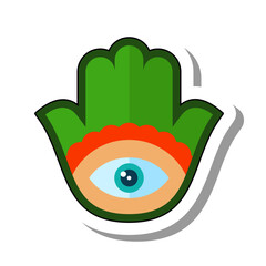 Eye eyeball in the center of open green hand. All seeing eye of hamsa. Mystical religious signs and symbols, objects of cult worship concept. Flat paper sticker isolated on white background
