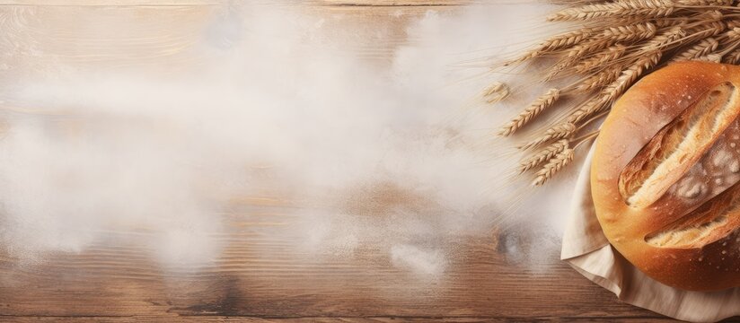 Wooden table with freshly baked bread isolated pastel background Copy space