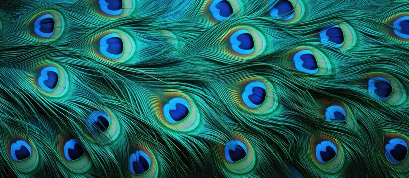 Peacocks tail feathers in closeup with blue fabric backdrop isolated pastel background Copy space
