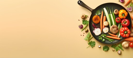Multiple veggies cooked in a black pan isolated pastel background Copy space