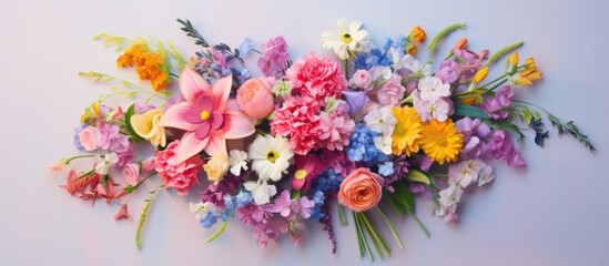 Colorful flowers arranged in a package isolated pastel background Copy space