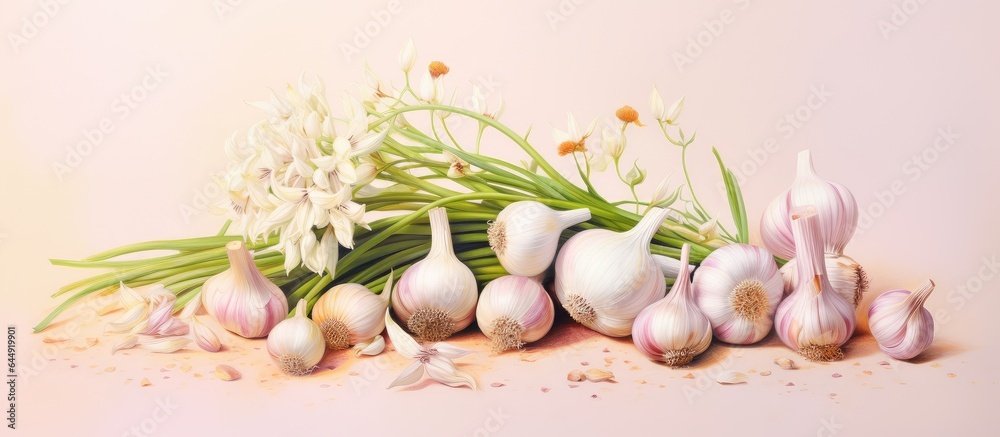 Aufkleber garlic onion and lime flowers on isolated pastel background copy space en background