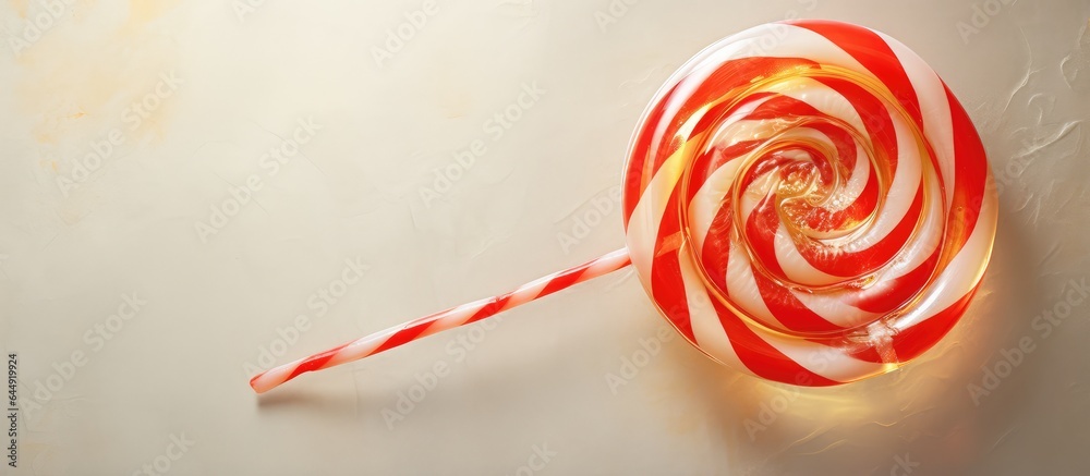 Poster red and white candy twisted in a spiral wrapped in clear cellophane on isolated pastel background co