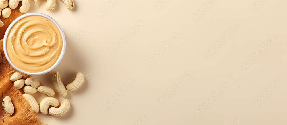 Poster isolated isolated pastel background copy space snack with peanuts and fresh peanut butter a protein 