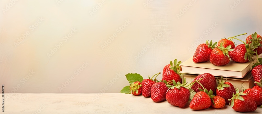 Poster a stunningly adorned strawberry on a isolated pastel background copy space coupled with a writing bo